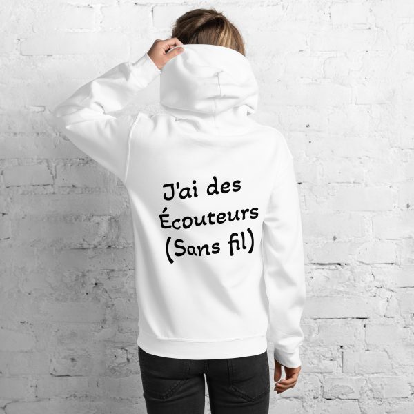 Sweat à Capuche Sport "Black&White" Blanc Femmes "j'ai des écouteurs..." – Image 2